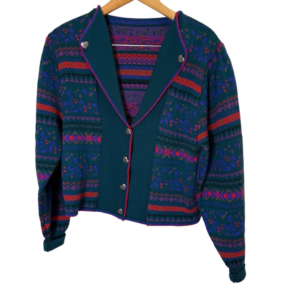 David Meister Women's Vintage Multicolor Fair Isle Sweater Silver tone Buttons M